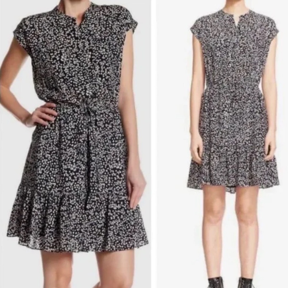 Rebecca Taylor Women Sz 6 Black White Silk Blend Print Ruffle Tie Front Dress